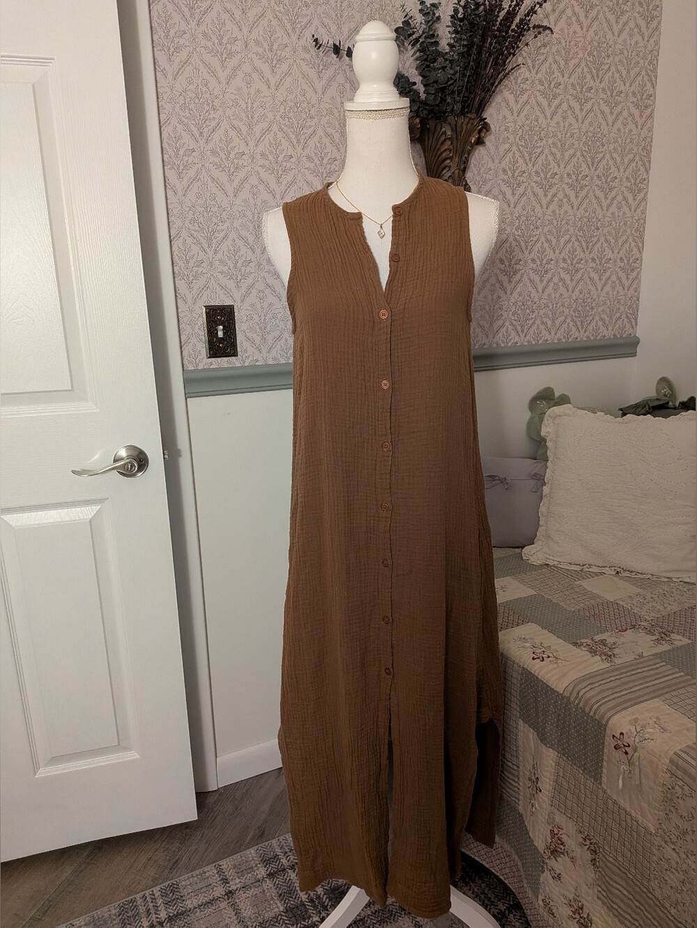 ZII ROPA Mexico City XS Brown Cotton Gauze Button Front Maxi Dress